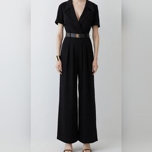 Karen Millen Black Tailored  Belted Pleat Wide Leg Jumpsuit - Size 8
